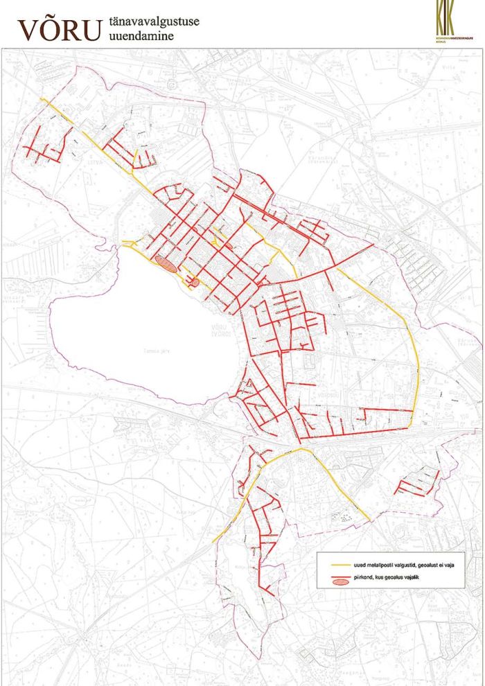 Võru linna planeeritud uue LEDvalgustitel põhineva tänavavalgustuse asukoha kaart. Allikas: KIK