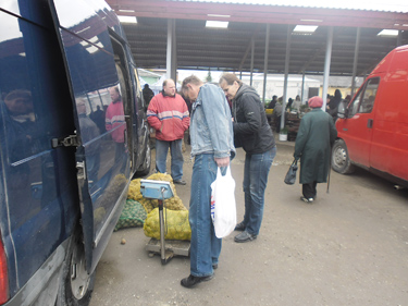 Mait Hein (punases) müüb igal kevadel kartuleid nii seemneks kui ka söögiks.	 Foto: AIVE HANSI