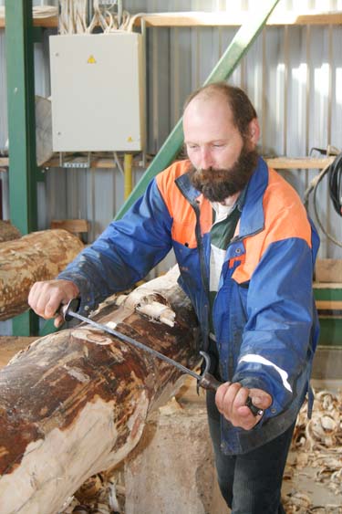 Viljar Sarik koorib palki sepp Peeter Reemani valmistatud liimeistriga.  Foto: TAIMI PLADO