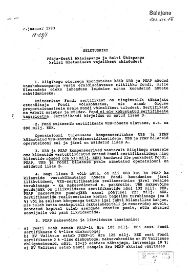 Siin on näha Eesti Panga töötajate salajane seletuskiri 1993. aasta jaanuarist ja selle põhjal vastu võetud Riigikogu otsus VEB Fondi loomise kohta.