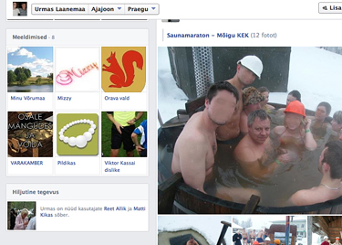 Väljavõte Meremäe valla majandus- nõuniku Urmas Laanemaa  avalikult kontolt suhtlusportaalis Facebook, kus on meeldivate hulka lisatud Orava vald, kus asub Laanemaa juhitav ette-võte, mitte aga Meremäe vald. Pildil on Urmas Laanemaa (keskel palja peaga) saunamaratoni üritusel.   Repro: FACEBOOK