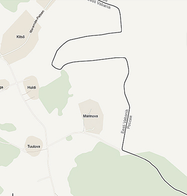 Pildil on näha praegune kontrolljoon Marinova küla juures Meremäe vallas, mida piirilepinguga sirgemaks silutakse. All paremal on tükike Marinova metsa, mis piirilepinguga Venemaale läheb.      Repro: Google Maps
