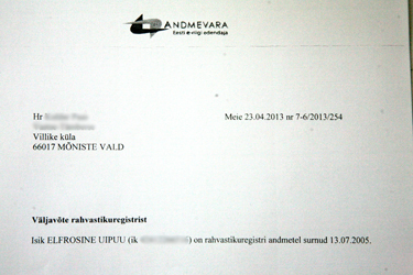 Tõend Elfrosine Uipuu surma kohta 2005. aasta juulikuus.