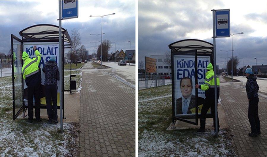 Valimised jõudsid jõuluvanast ette! Täna, 23. detsembril kell 12.30 paiku kulus valimisplakati ülespanekuks KEKi  bussipeatuse juures ainult paar minutit . Foto: Võrumaa Teataja