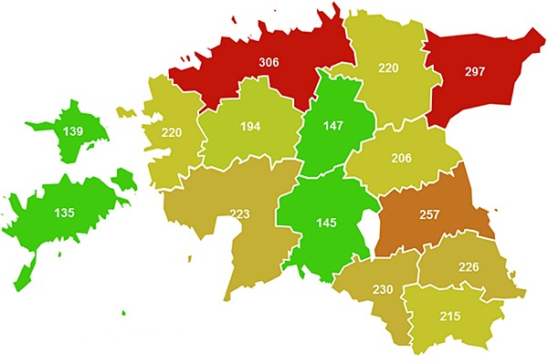 Registreeritud kuritegude arv maakonniti 10 000 elaniku kohta.      Kaart: LÕUNA PREFEKTUUR