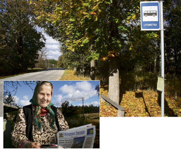 Lehte Puura armastab ajalehti lugeda. Litsmetsa bussipeatus Litsmetsa mäe peal Litsmetsa külas.  Fotod:  VÕRUMAA  TEATAJA