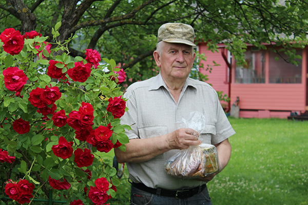 Toivo Kälviäinen lopsakate õitega roosipõõsa juures. Taamal paistab kodumaja, mille kallal Toivole nokitseda meeldib. Foto: AIGAR NAGEL