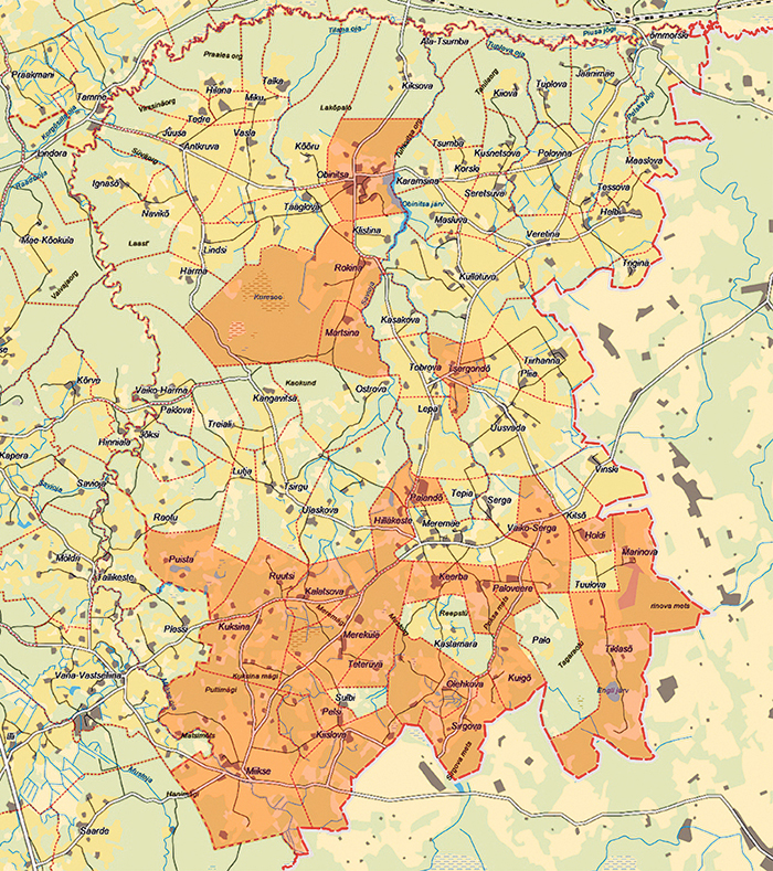 Meremäe valla 26 küla (kaardil punasega) on andnud allkirju, et liituda Vastseliina vallaga. Lõpliku otsuse teeb valitsus, kes võib plaanitava Setumaa valla lõhkumisest keelduda.