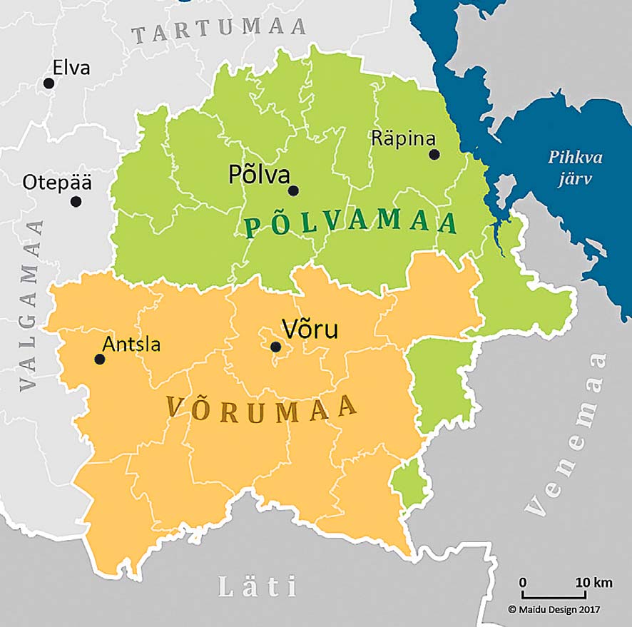 Võru maakonna tulevased piirid, juhul kui Setomaa liidetakse Põlvaga.
