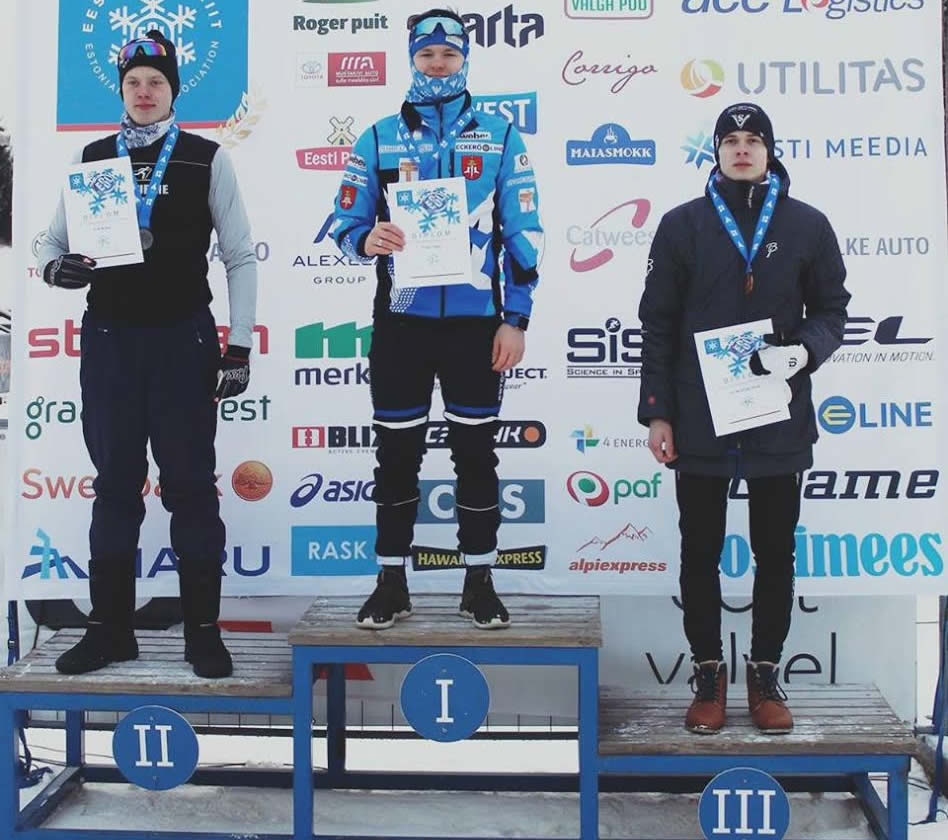 Eesti M18 suusasprindi esikolmikusse kuulusid esikoha võitnud Vane Vähk (Alutaguse SUKL), teise koha omanik Erik Kaha (Ülenurme G SK) ja kolmandale kohale jõudnud Art Kristjan Olesk (Võru SUKL) Fotod: VÕRUMAA SPORDILIIT