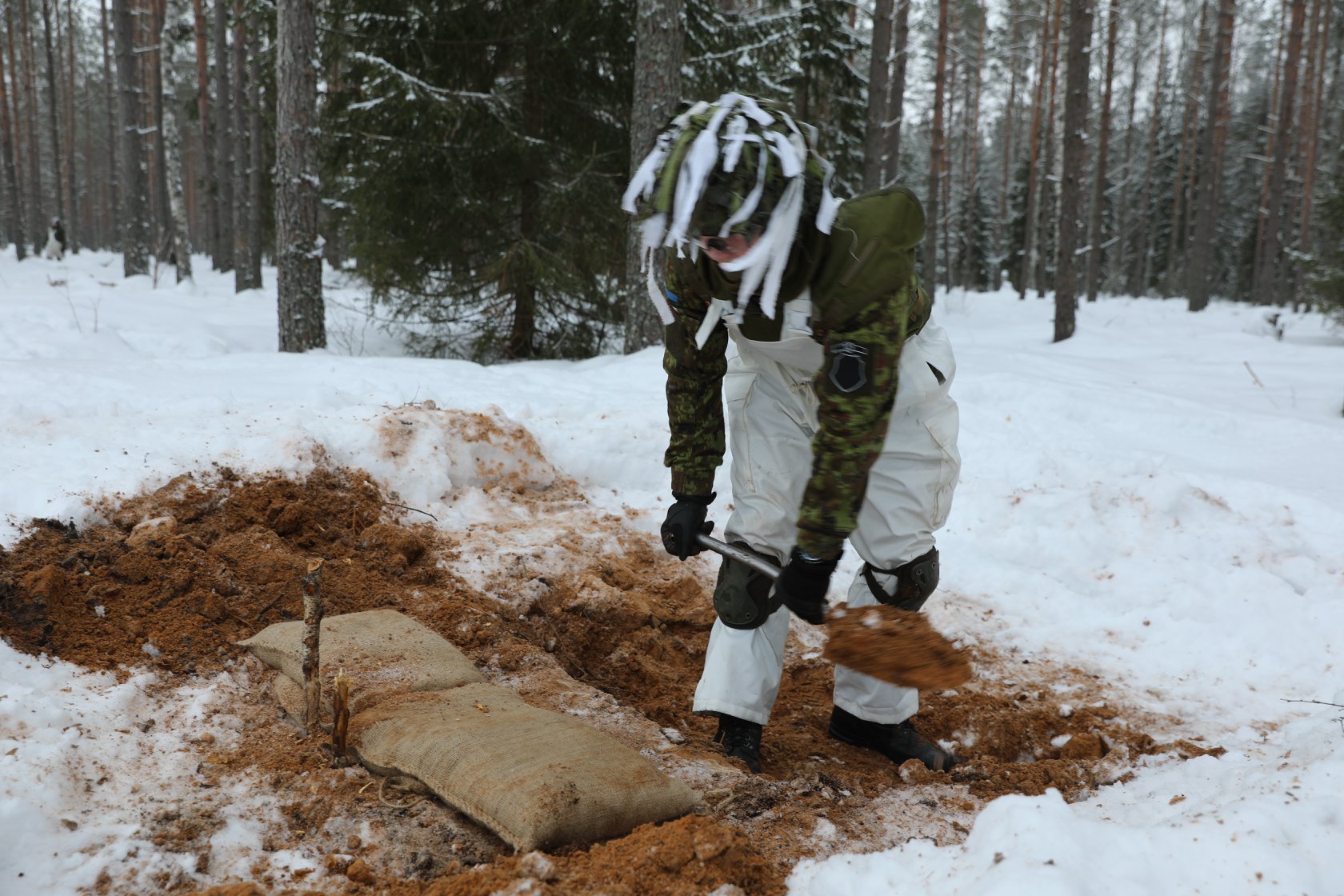 Hoolimata külmast ja lumisest talvest, jätkub Kuperjanovi jalaväepatalajoni talvise kutse sõduri baaskursus plaanipäraselt. Kui täna oli sõdurite ülesandeks laskepesa rajamine, siis viimase kolme nädala jooksul on nad läbinud ka relvaõppe, sooritanud esimesed laskeharjutused, omandanud teadmised topograafiast ning ööbinud välitingimustes. Järgmise kolme ja poole nädala jooksul saavad nad seda viimast veel mitu korda teha, sinna juurde ka veel muid igale sõdurile vajalikke teadmisi omandades. Lumi ja talvine ilm kuperjanovlasi ei murra! FOTO: Kuperjanovi jalaväepataljon