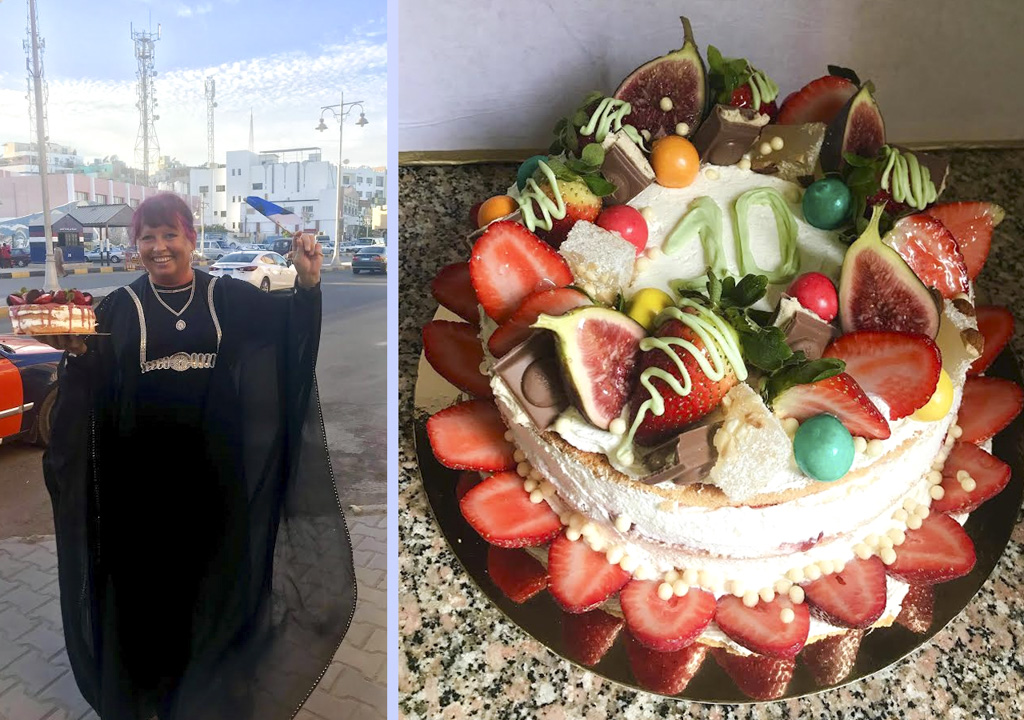 Maire Meldre ostis endale Egiptusest kohaliku riietuse ning viib torte Eesti lipu ja lauluga neile, kes soovivad oma kalleid üllatada. Maire Meldre torte ostavad pigem Egiptuses olevad eestlased, sest nemad oskavad hinnata armastusega valminud toodet heast toorainest ning ei põlga torte liiga kalliks. Fotod: ERAKOGU Maire Meldre ostis endale Egiptusest kohaliku riietuse ning viib torte Eesti lipu ja lauluga neile, kes soovivad oma kalleid üllatada. Maire Meldre torte ostavad pigem Egiptuses olevad eestlased, sest nemad oskavad hinnata armastusega valminud toodet heast toorainest ning ei põlga torte liiga kalliks. Fotod: ERAKOGU