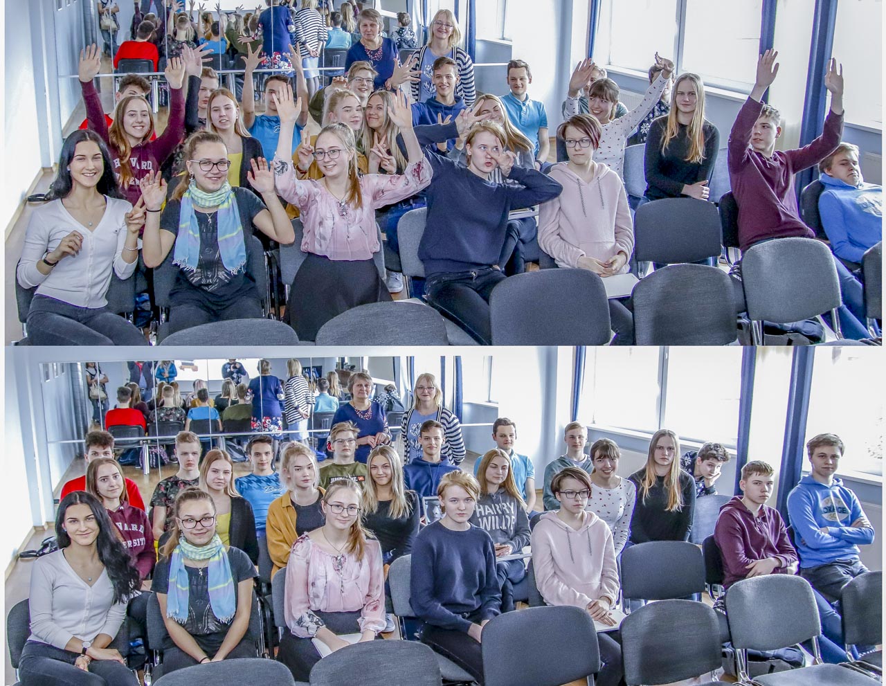 Projekti Eesti-poolsed eestvedajad ja Võru Kreutzwaldi kooli õpetajad Ere Tumm ja Marju Purge koos 9.b klassi õpilastega lõppkonverentsil. Foto: AIGAR NAGEL