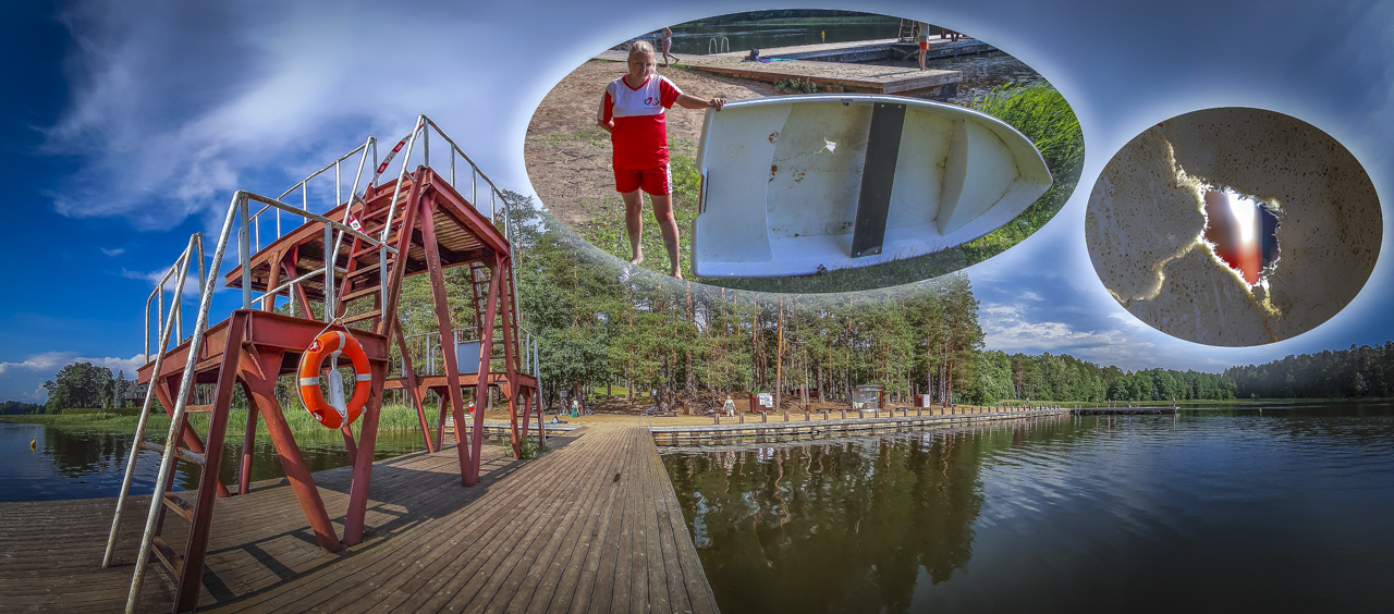 Kubja rannas eelmisel reedel tööpäeva alustanud vetelpäästetöötaja ütles toimetusele, et tema üllatus oli suur, kui ta avastas, et päästepaat oli keset järve ning suured täispuidust istepingid ja ohtlikult suur kivirümakas vette visatud. Foto: AIGAR NAGEL
