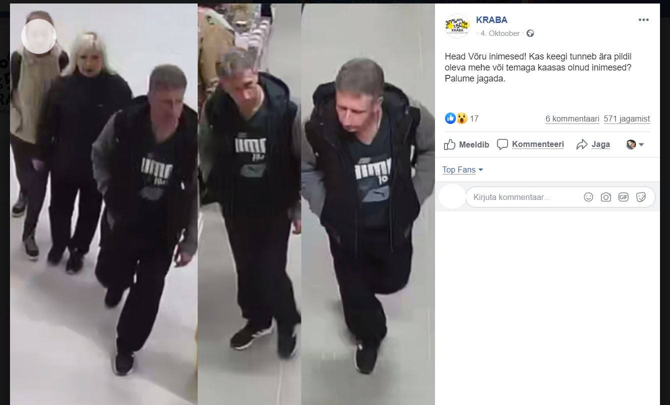Kraba kaupluse sotsiaalmeediaseinal avaldati Võru kaupluses poevargusega vahele jäänud isikute pilt. Foto: FACEBOOK