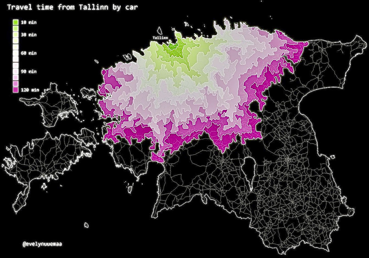 Infograafik näitab, kui kaldu on Eesti Võrumaa suhtes. Isegi ülikooli ja tippmeditsiini häll Tartu on vaeslapse olukorras, sest jääb kahe autosõidutunni haardest välja. Rail Baltic kallutab pilti veelgi. On selgemast selgem, et Tartu-Tallinna maantee tuleb neljarajaliseks (ohutumaks) ehitada. Graafikul on näha, kui kaugele jõuab autoga pealinnast 20–30 minutiga (rohekas ala). 120 minutiga ei jõua isegi peatsesse kultuuripealinna Tartusse. Kesknädalal andis aga üks poliitik otse mõista, et pigem on meil vaja tarka Eestit kui kiiremini ja ohutult tarkuselinna Tartusse jõudmist!? Näib, et meid suunatakse pigem Riiga. Sealses lennujaamas, IKEA poes või Alfa keskuses kuuleb eesti keelt lausa igal sammul. Allikas: INTERNET Infograafik näitab, kui kaldu on Eesti Võrumaa suhtes. Isegi ülikooli ja tippmeditsiini häll Tartu on vaeslapse olukorras, sest jääb kahe autosõidutunni haardest välja. Rail Baltic kallutab pilti veelgi. On selgemast selgem, et Tartu-Tallinna maantee tuleb neljarajaliseks (ohutumaks) ehitada. Graafikul on näha, kui kaugele jõuab autoga pealinnast 20–30 minutiga (rohekas ala). 120 minutiga ei jõua isegi peatsesse kultuuripealinna Tartusse. Kesknädalal andis aga üks poliitik otse mõista, et pigem on meil vaja tarka Eestit kui kiiremini ja ohutult tarkuselinna Tartusse jõudmist!? Näib, et meid suunatakse pigem Riiga. Sealses lennujaamas, IKEA poes või Alfa keskuses kuuleb eesti keelt lausa igal sammul. Allikas: INTERNET