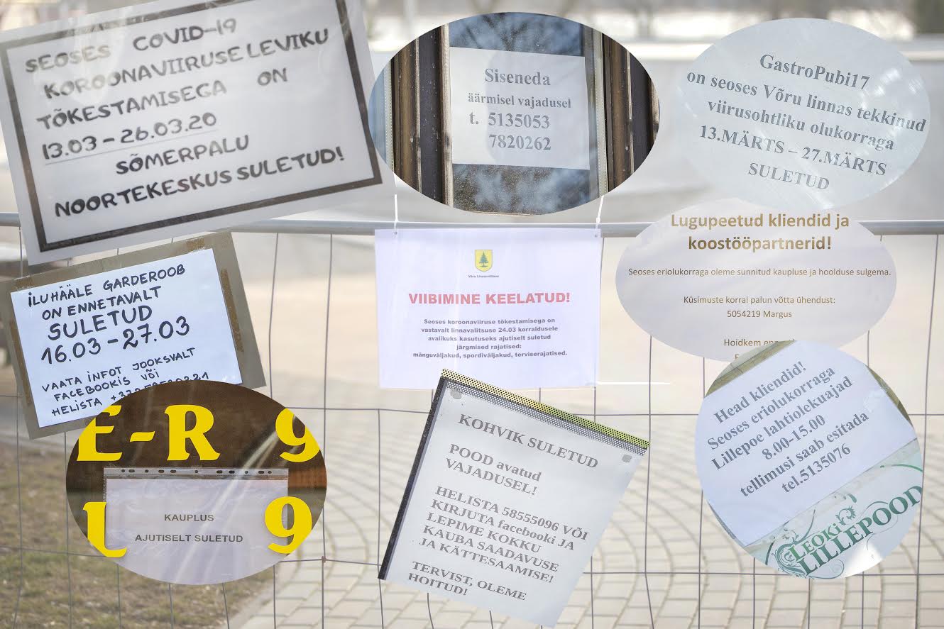 Fotoülevaade on kokku pandud kriisi vältel pildistatud kaupluste ning muude asutuste või vaba aja veetmise kohtade teavitavatest siltidest. Mõni aeg tagasi ei osanud keegi arvata, et sellised teavitustekstid pisipoodide, töökodade ning asutuste ustel on peagi tavapärane argipäev ja pigem reegel kui erand. Fotod/kollaaž: AIGAR NAGEL