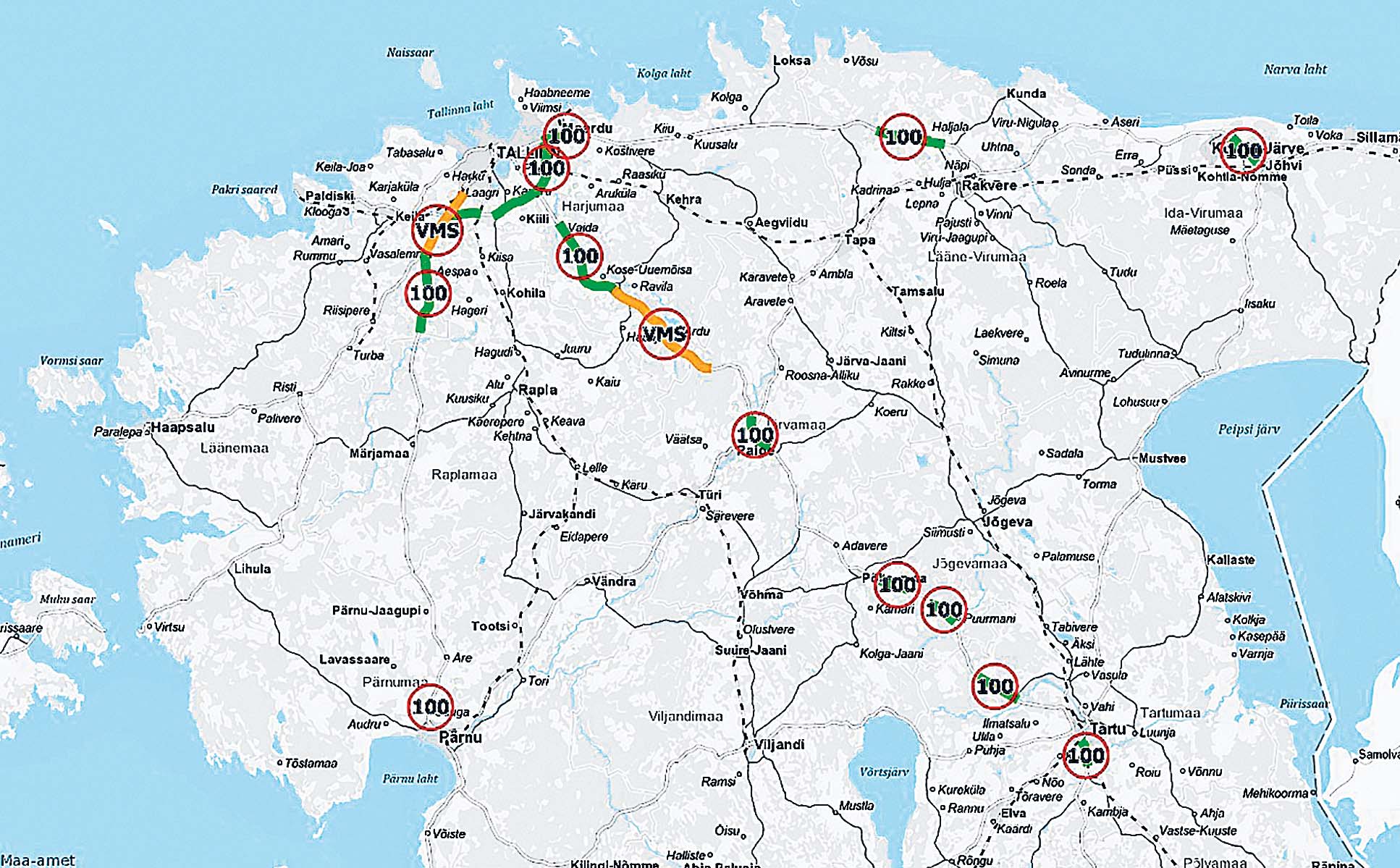 Maanteeameti kaardil on näha, millised sõidukiirused on kuskil lubatud. VMS tähendab, et nendel teelõikudel lubatakse võimaluse korral sõita talvel 110 km/h.