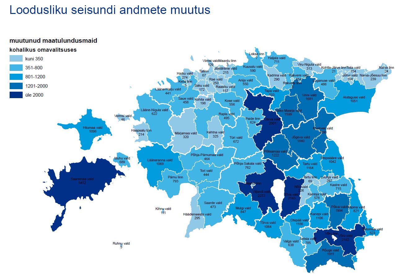 Enim muutusi maatüki loodusliku seisundi kohta on viimase aasta jooksul olnud Saaremaal, Viljandimaal, Järvamaal ja Võrumaal. Maaomanik saab maaüksuse andmetega tutvuda maa-ameti geoportaalis www.maaamet.ee/kolvikute-pindala. Kaart: allikas MAA-AMET Enim muutusi maatüki loodusliku seisundi kohta on viimase aasta jooksul olnud Saaremaal, Viljandimaal, Järvamaal ja Võrumaal. Maaomanik saab maaüksuse andmetega tutvuda maa-ameti geoportaalis www.maaamet.ee/kolvikute-pindala. Kaart: allikas MAA-AMET