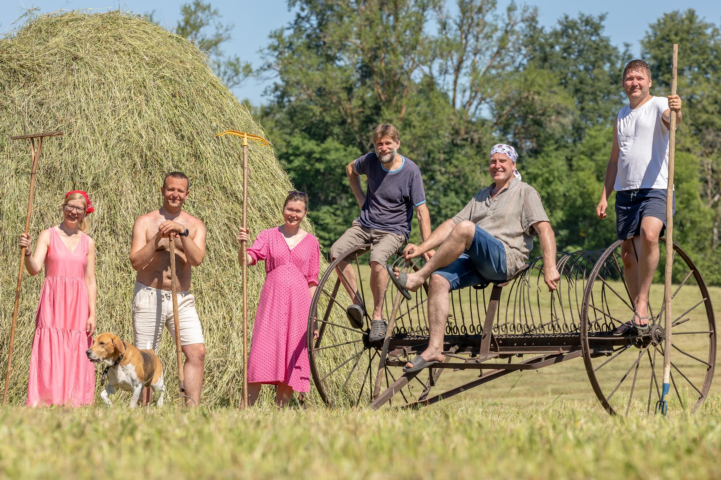 Piret Hartman (vasakult), Lauri Läänemets, Riina Sikkut, Aigar Piho, Anti Allas, Priit Lomp ja koer Alfy möödunudnädalasel heinateol. Foto: AIGAR NAGEL
