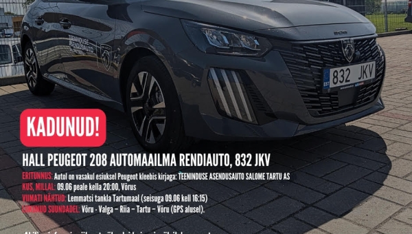 Võrust haihtunud rendiauto leiti Tartust