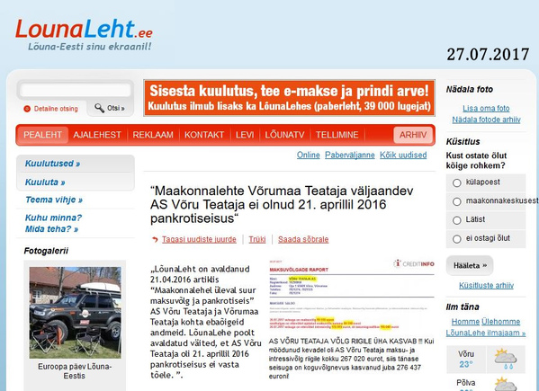 Ekraanitõmmis www.lounaleht.ee veebist 27.07.2017